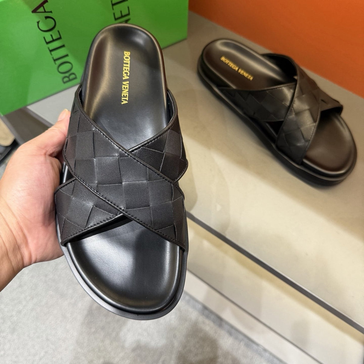 Bottega Veneta Black Woven Slide Sandals — model