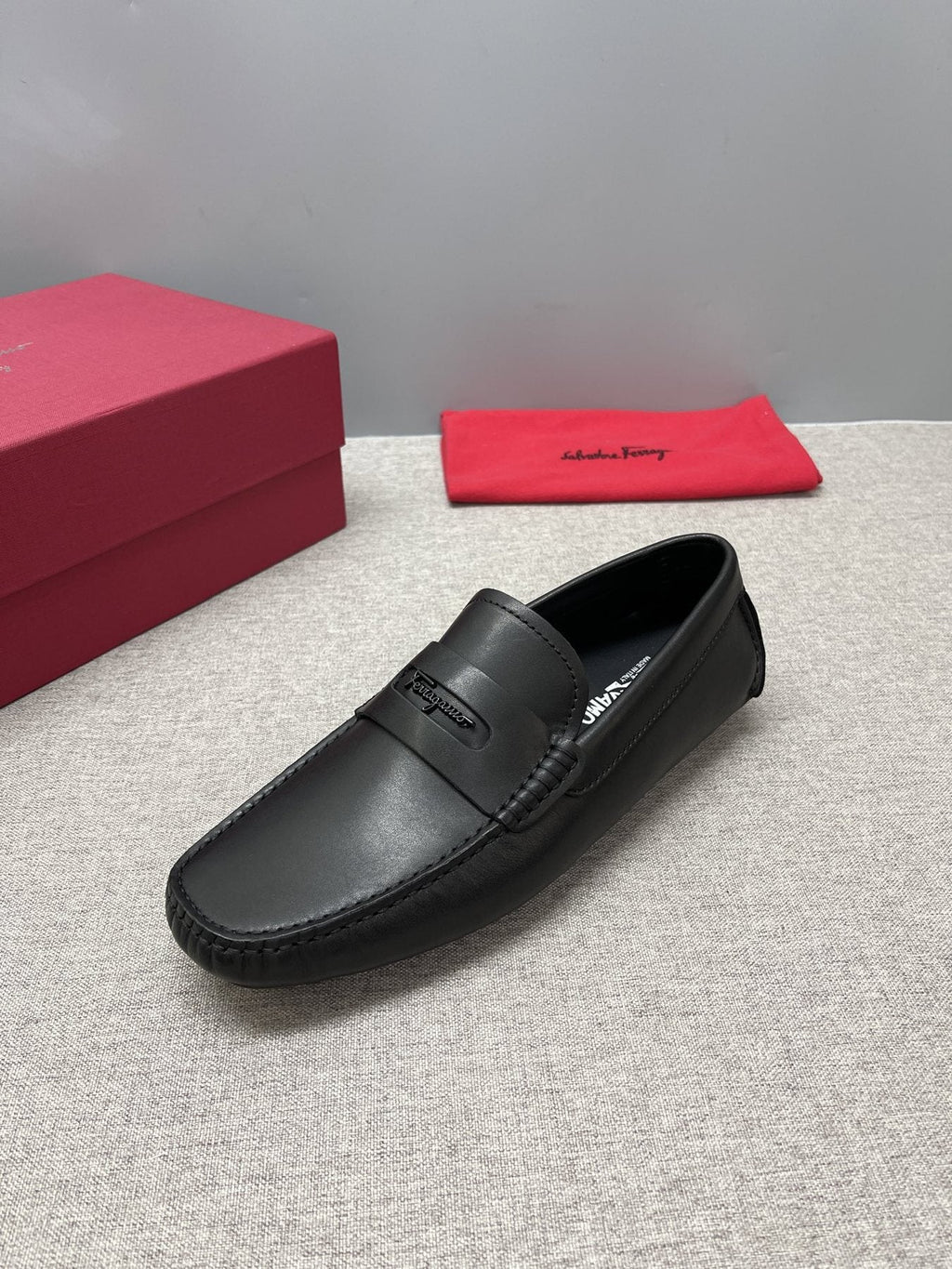 Ferragamo Black Leather Driving Loafers — side