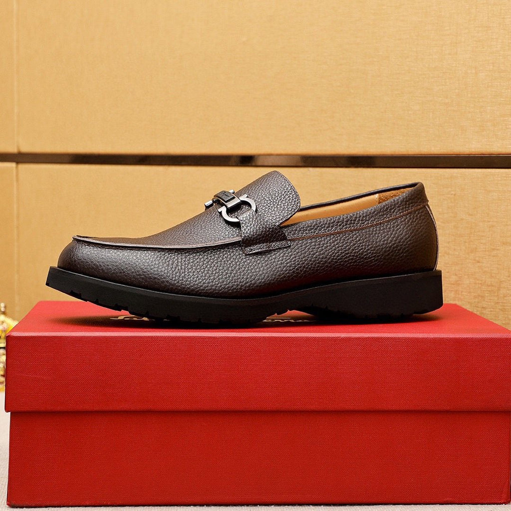 Ferragamo Pebble-Grain Buckle Slip-On Shoes — side