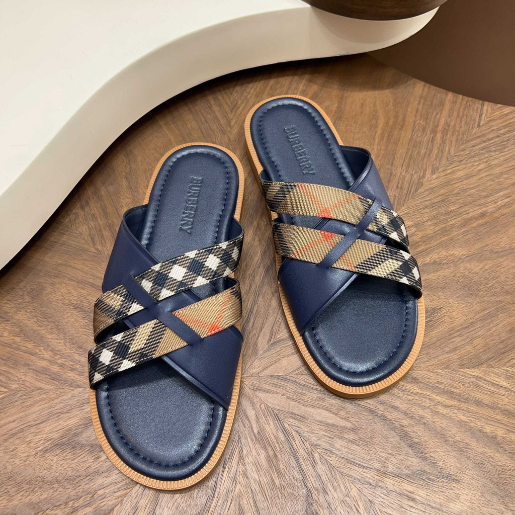Burberry Plaid Cross-Strap Slide Sandals — front