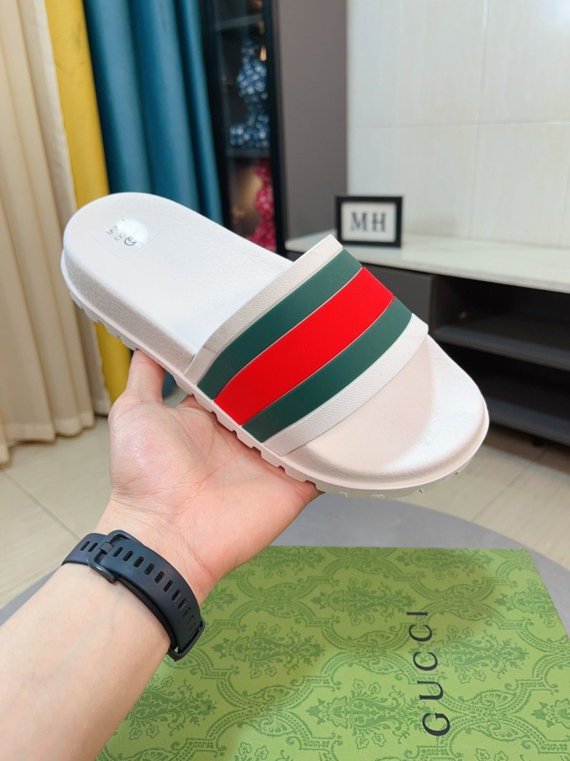 Gucci Green and Red Stripe Slide Sandals — front