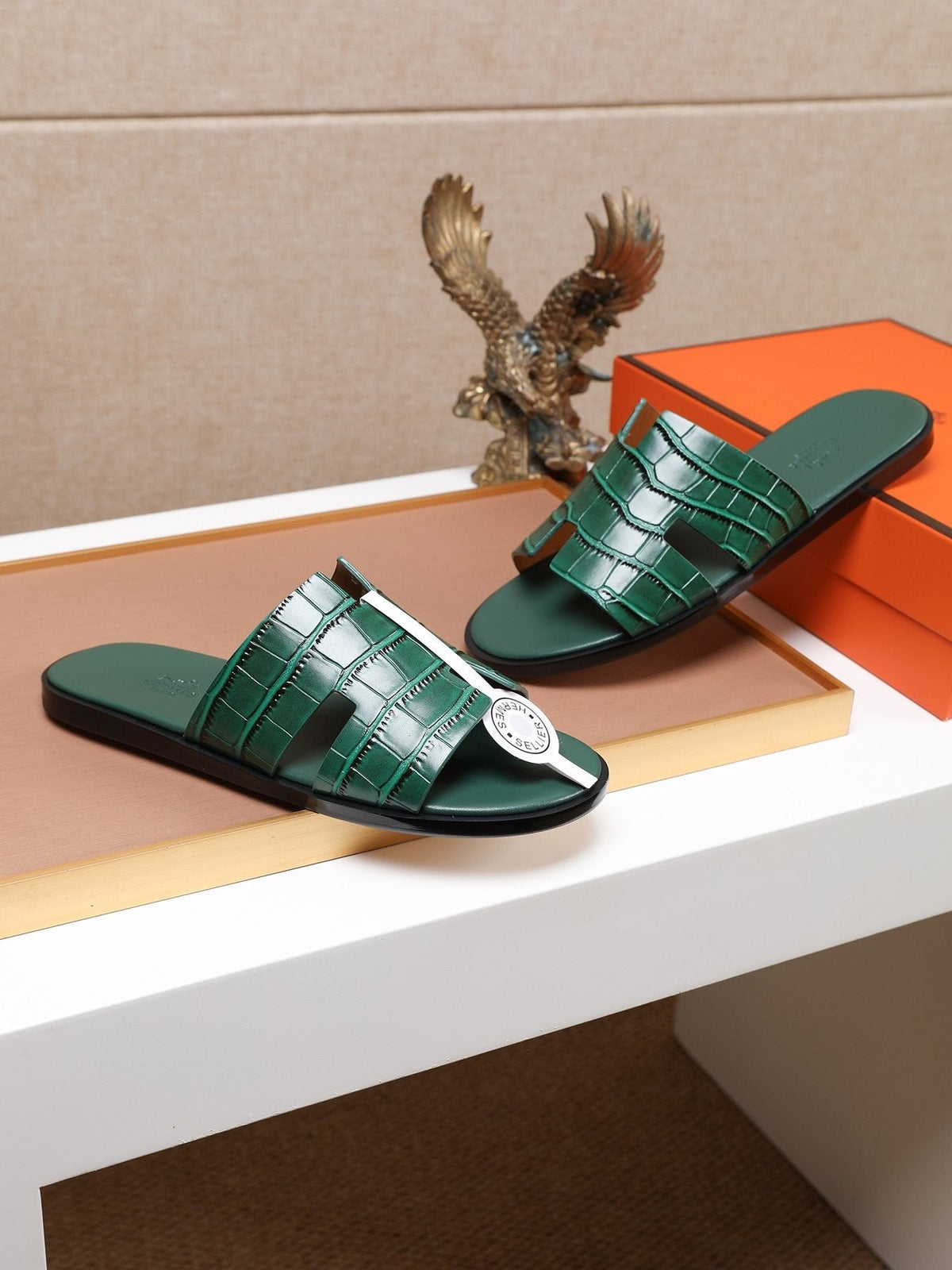 Hermès Croc-Embossed H Slide Sandals — side