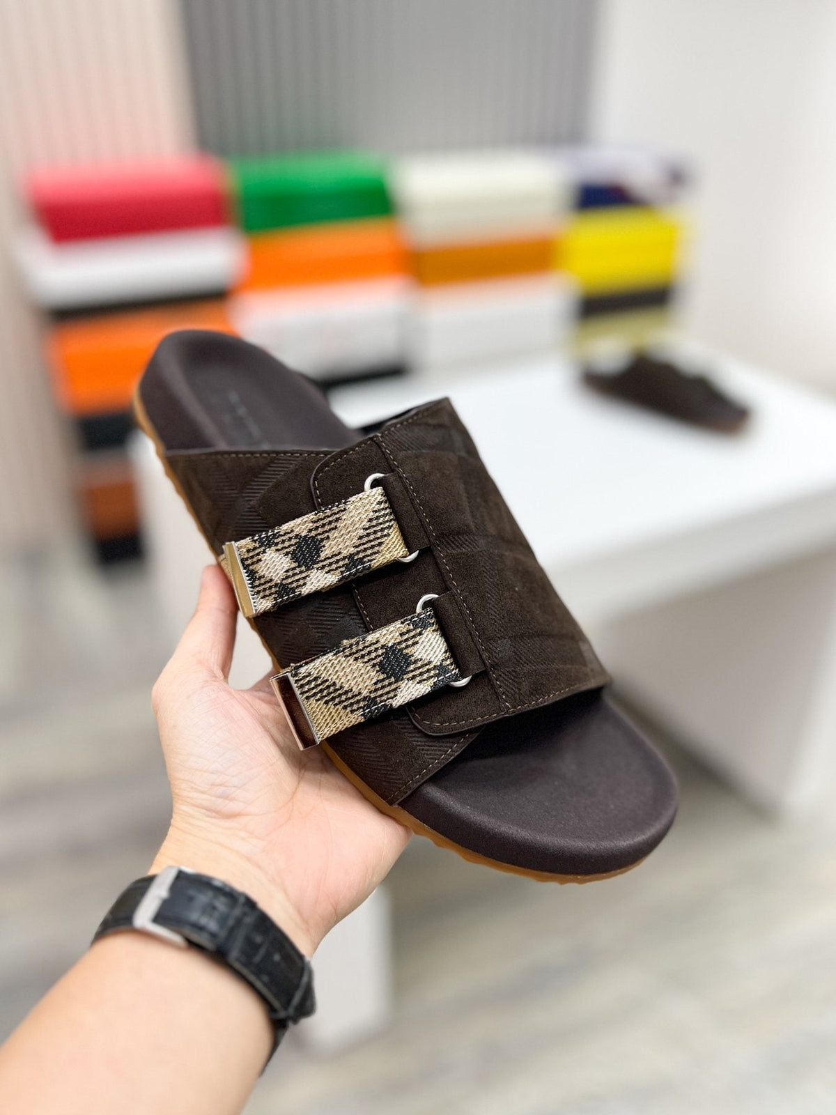 Burberry Check Buckle Slide Sandals — model