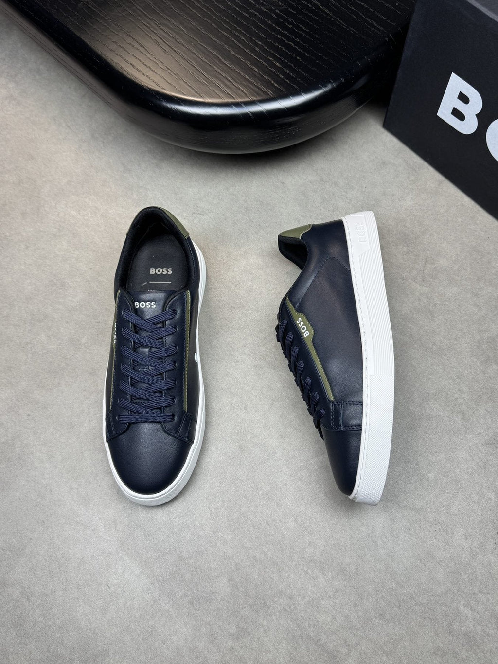 BOSS White Green Low-Top Sneakers — front
